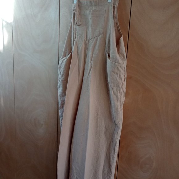 Light Tan/ Off White Linen Wide Leg Overalls - Picture 5 of 8